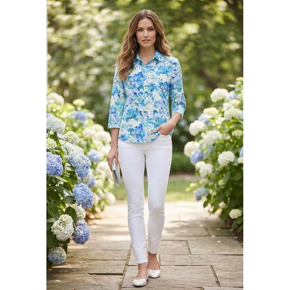 Alfred Dunner Women Floral Watercolor Button Down Shirt